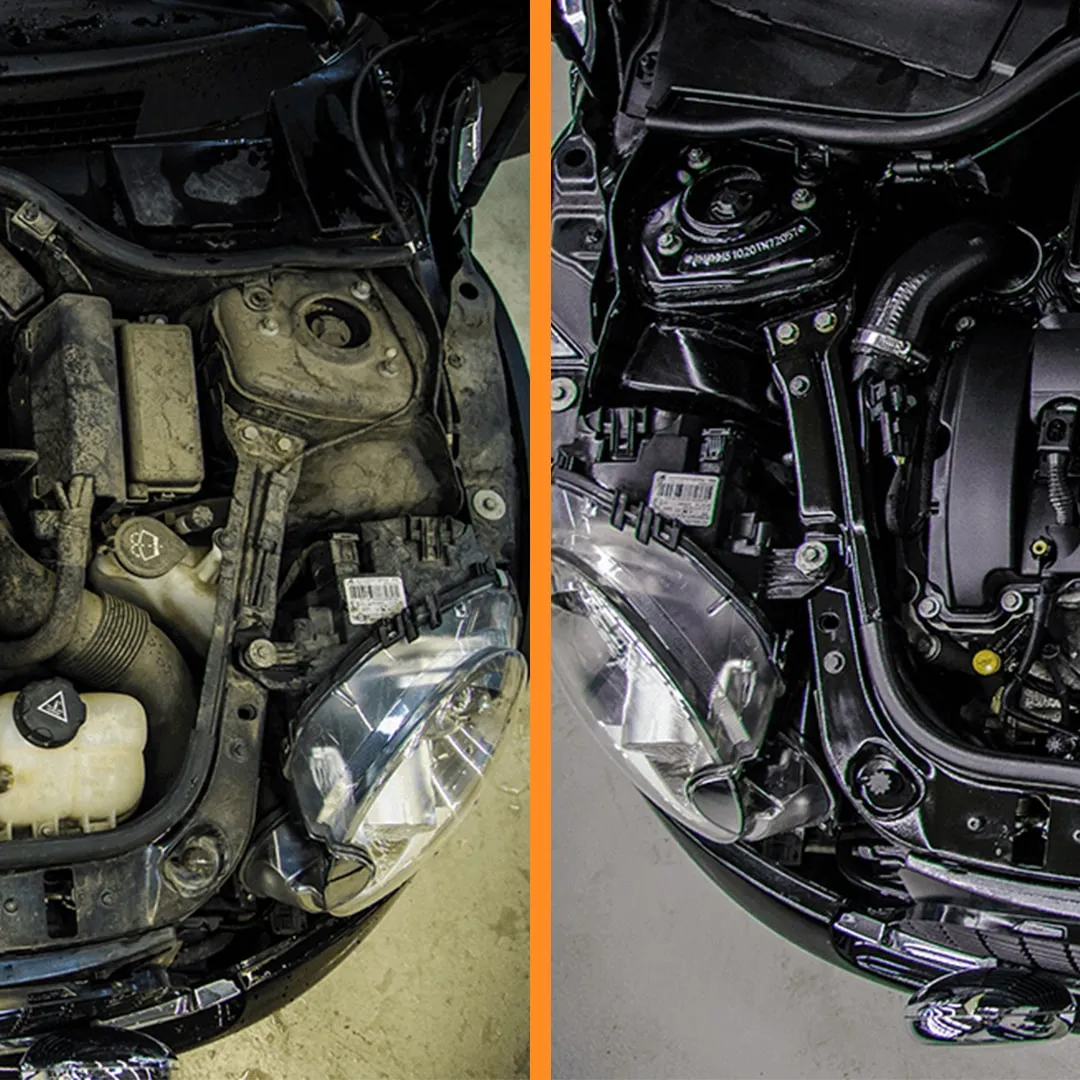 Before and after — engine bay steam cleaning by LuxWash