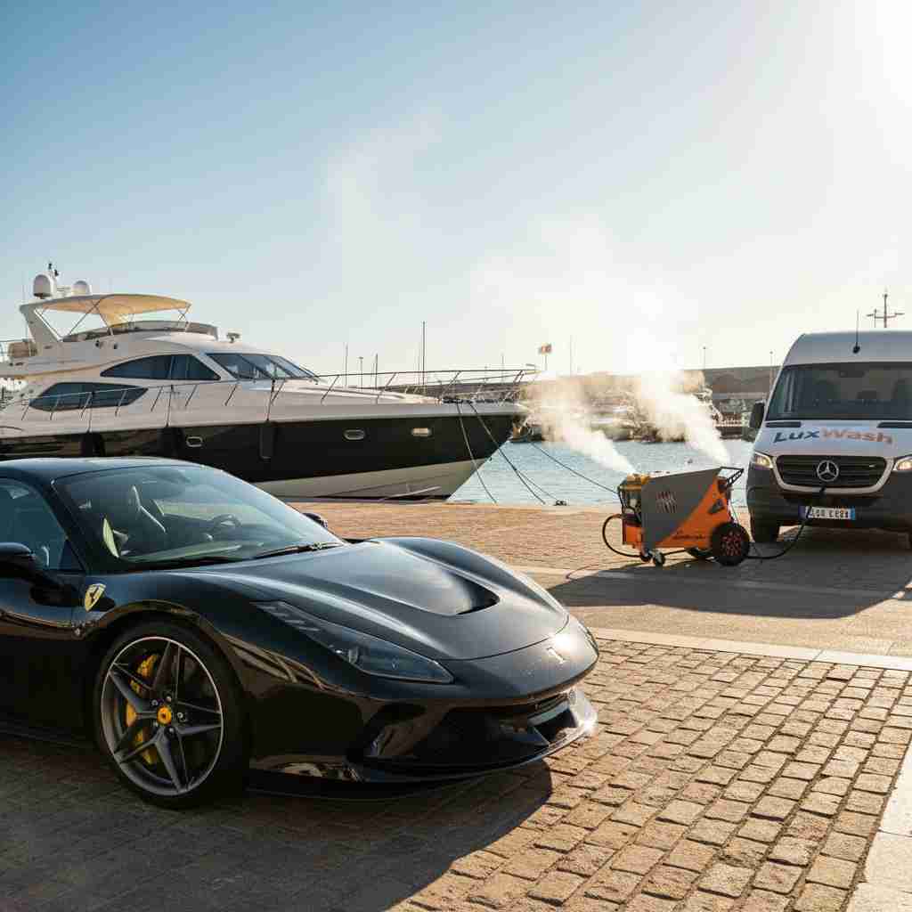 VIP detailing at Puerto Banús marina — supercar detailed next to yachts