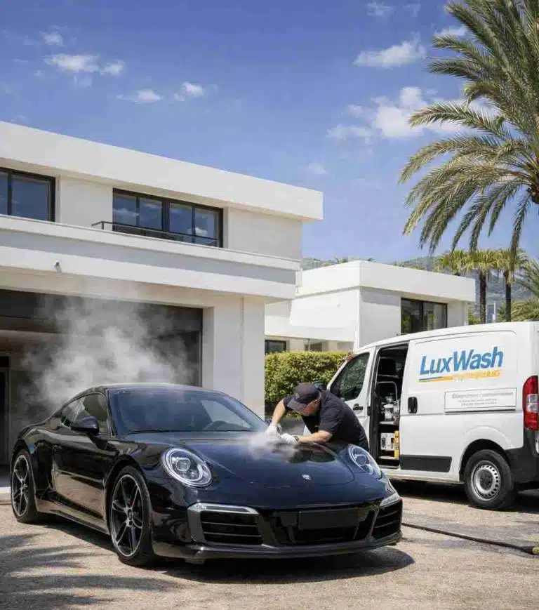 Full mobile detailing of a sports car at a villa in Marbella — LuxWash van on site