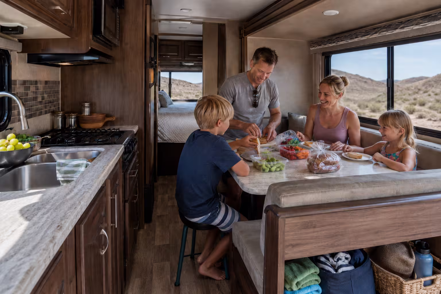 Motorhome kitchen and dinette on an Elephant Butte lake trip
