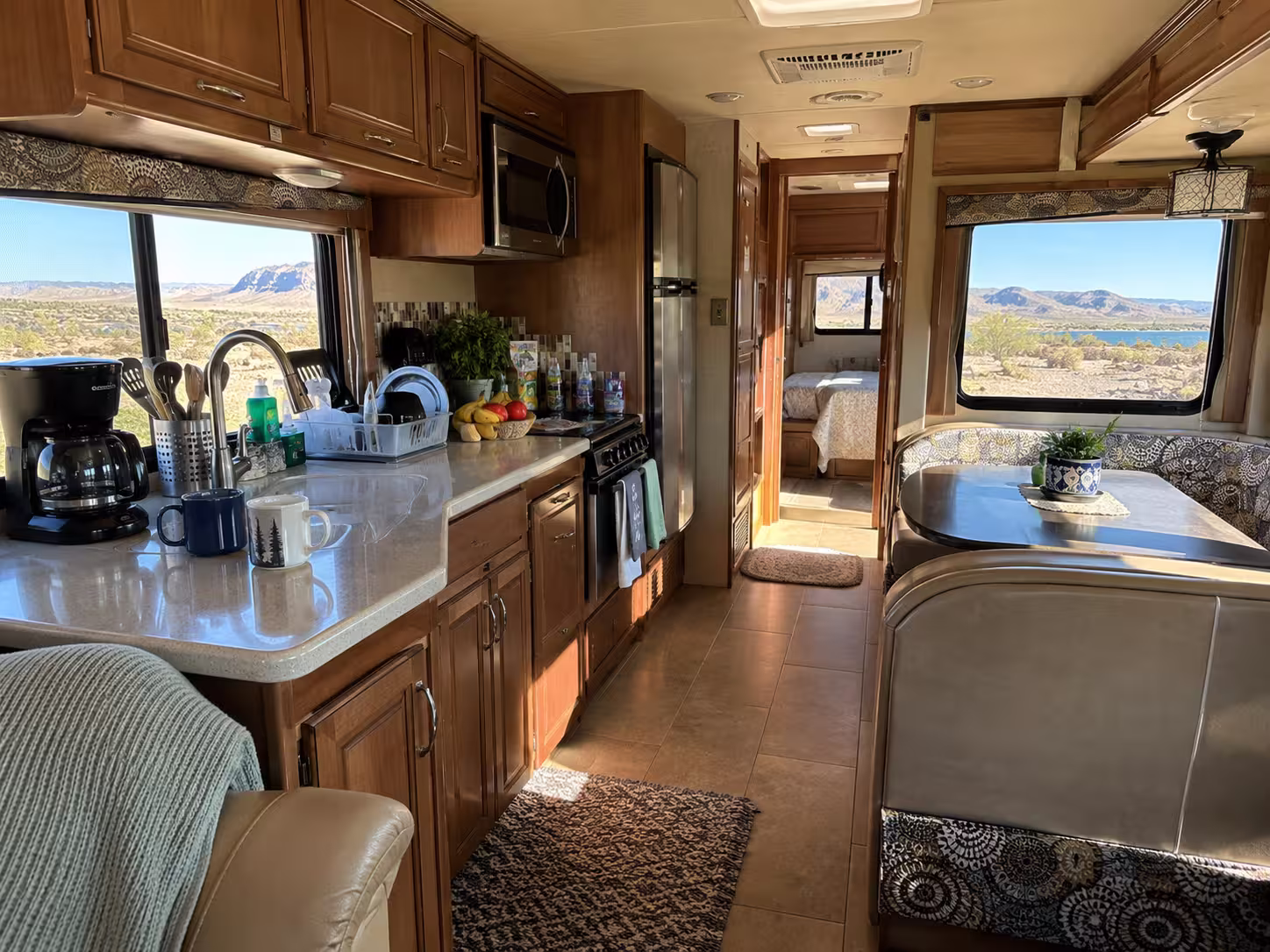 Kitchen interior of a long-term rental RV near Elephant Butte