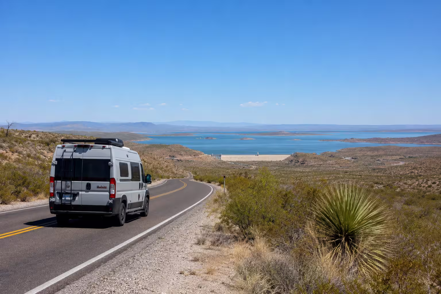 Camper van on the road into Elephant Butte, New Mexico