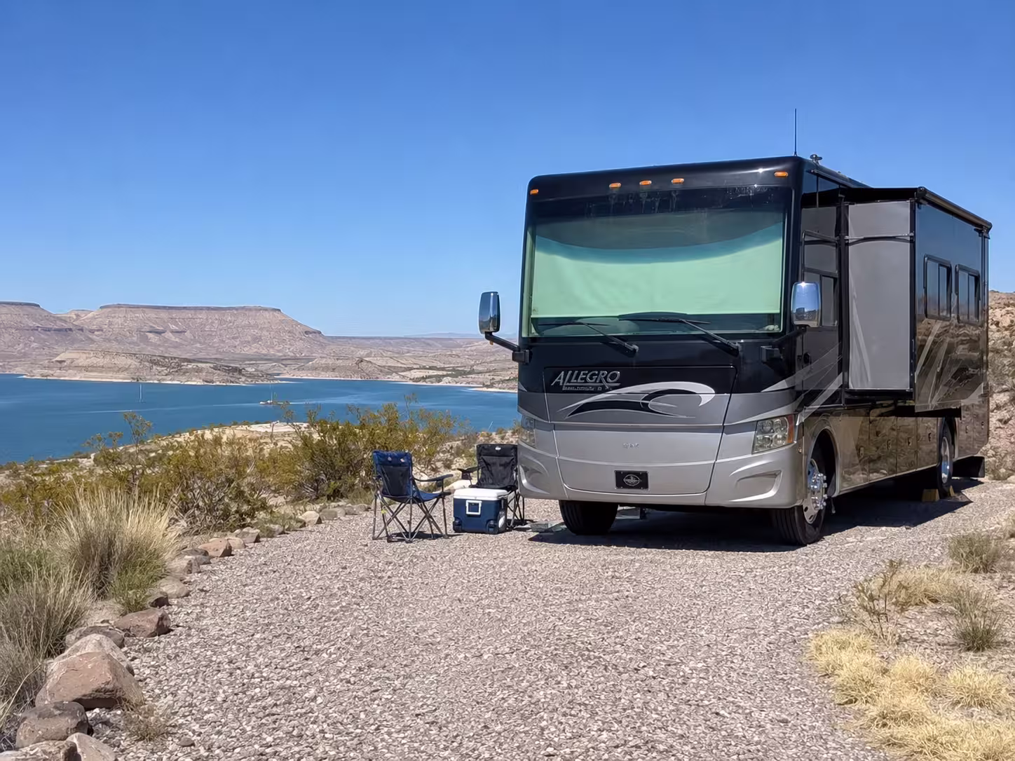 Class A motorhome parked above Elephant Butte Lake, New Mexico