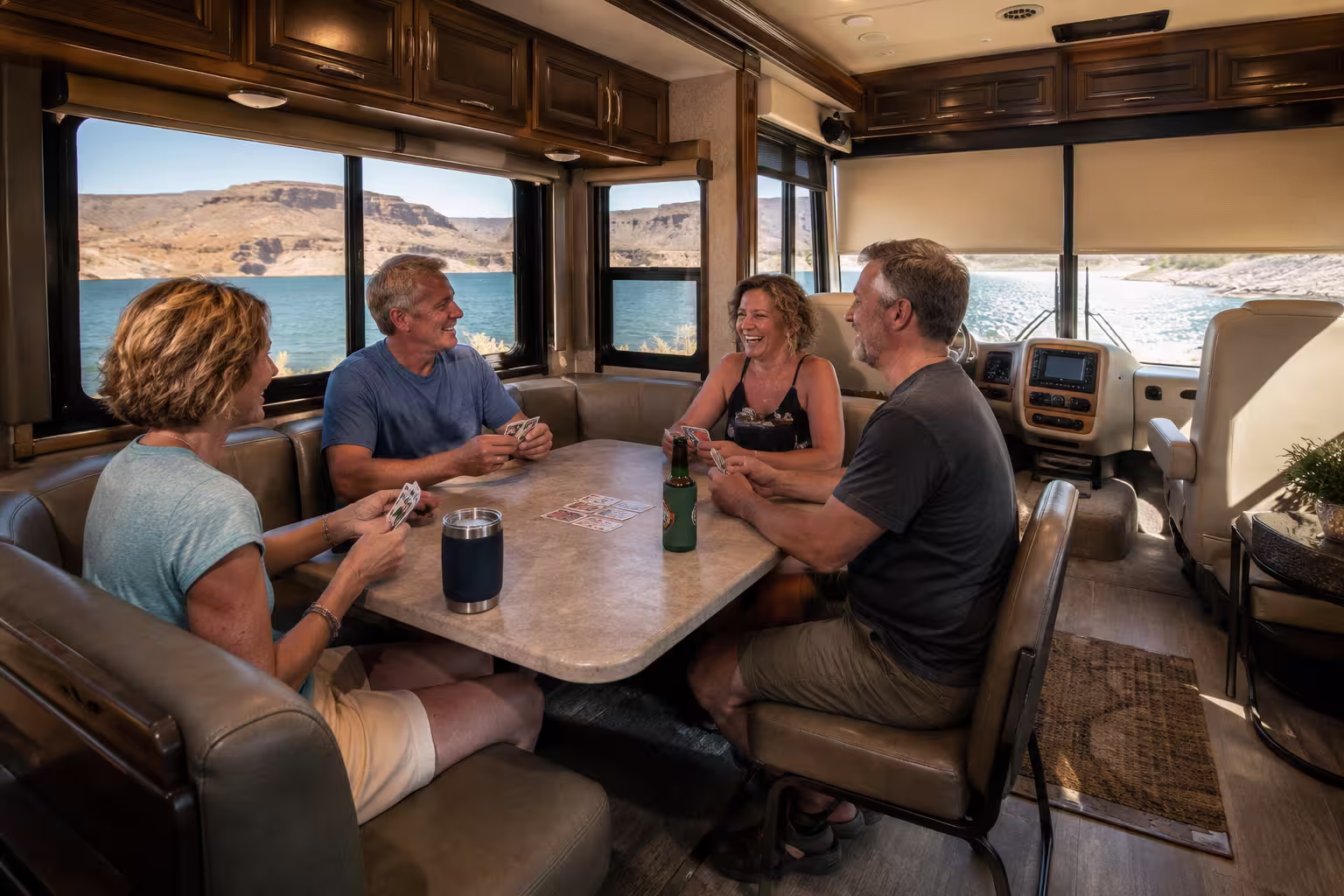 Group relaxing inside a Class A motorhome rental near Elephant Butte Lake