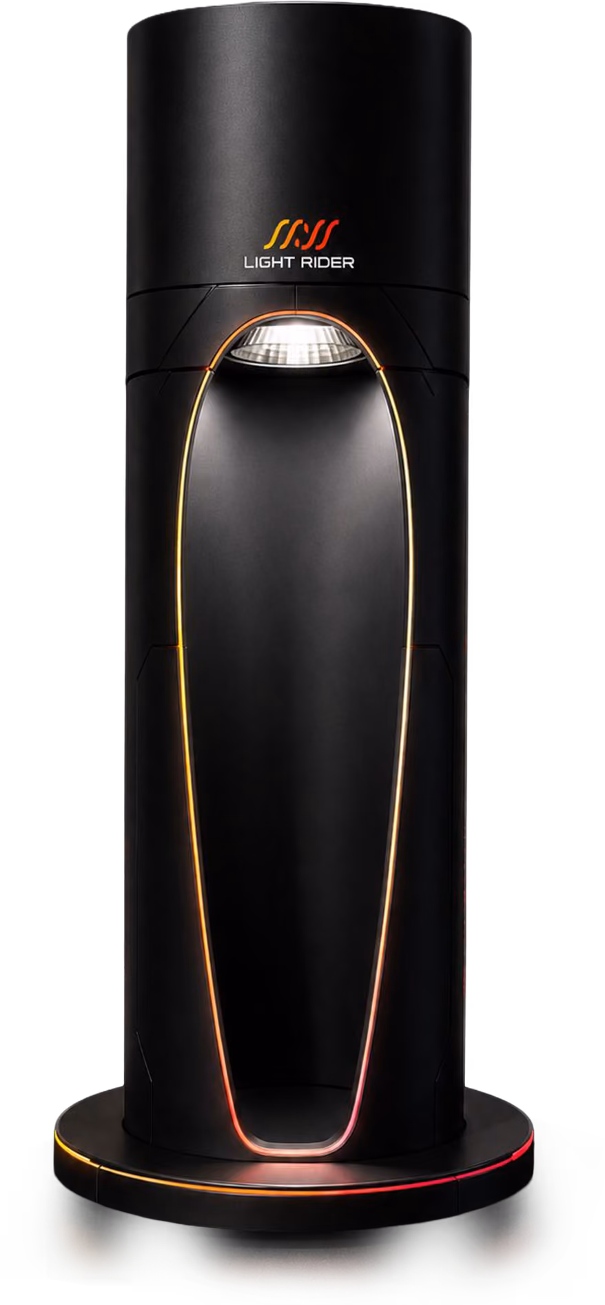 Tall, black Light Rider device with colorful LED outline and light beam inside a base platform.