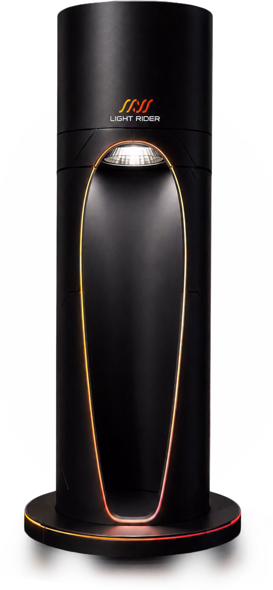 Tall black Light Rider device with oval light opening and colorful glowing trim on a round base.