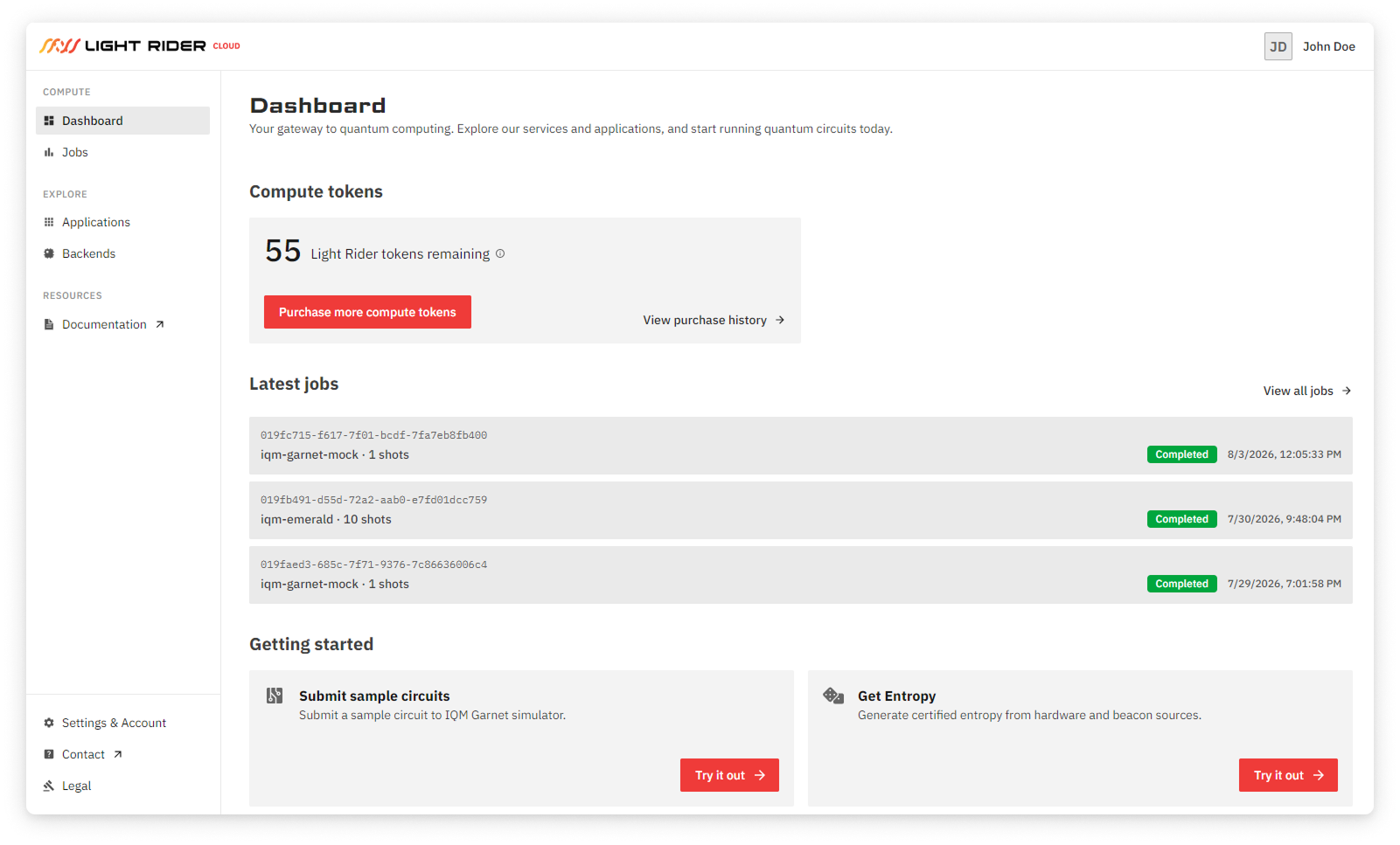 Light Rider Cloud platform dashboard
