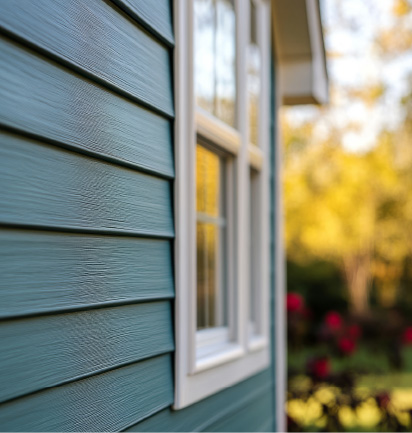 Close-up of blue house siding with a white-framed window and blurred garden in the background.