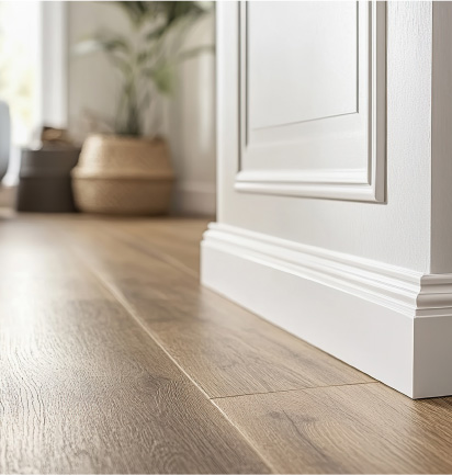 Close-up of white baseboard molding along a light wood floor with blurred plant and baskets in the background.