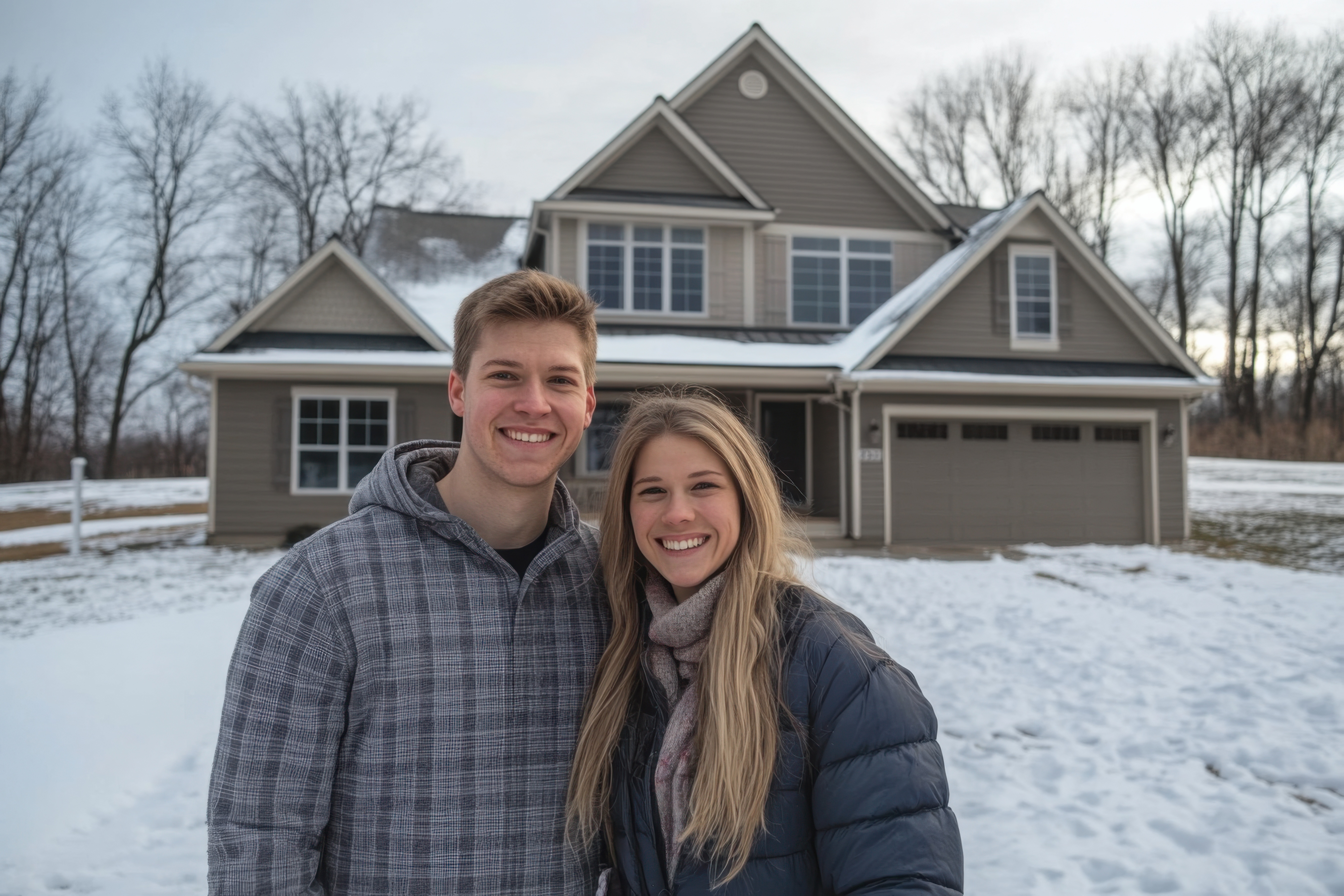 Smiling young couple standing in front of a two-story house with snow-covered ground.