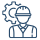 Icon of a person wearing a hard hat with two gears above, symbolizing engineering or technical expertise.
