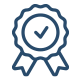 Blue icon of a ribbon award with a check mark in the center indicating full professional certification.