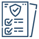 Icon showing three stacked documents with checkmarks and a shield symbol indicating certified reporting or security.