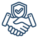Icon of two hands shaking beneath a shield with a checkmark, symbolizing reliable services.