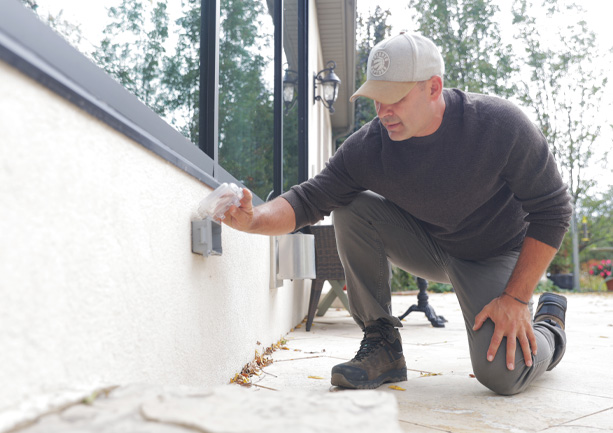 Home inspector in a cap and sweater kneeling outside a house examining an electrical outlet on the wall.