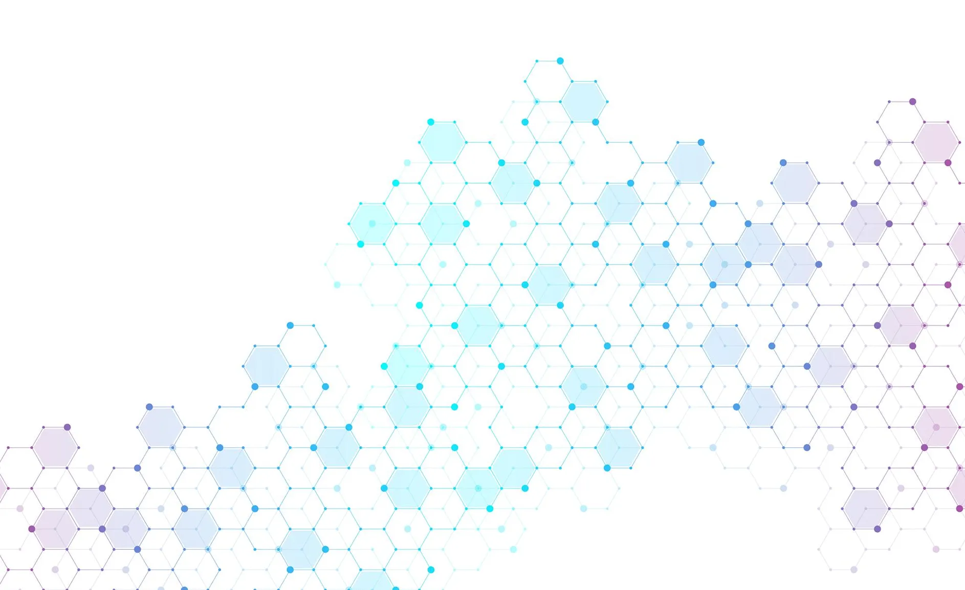 Motif de structure moléculaire hexagonale connectée en dégradé de bleu et violet sur fond blanc.