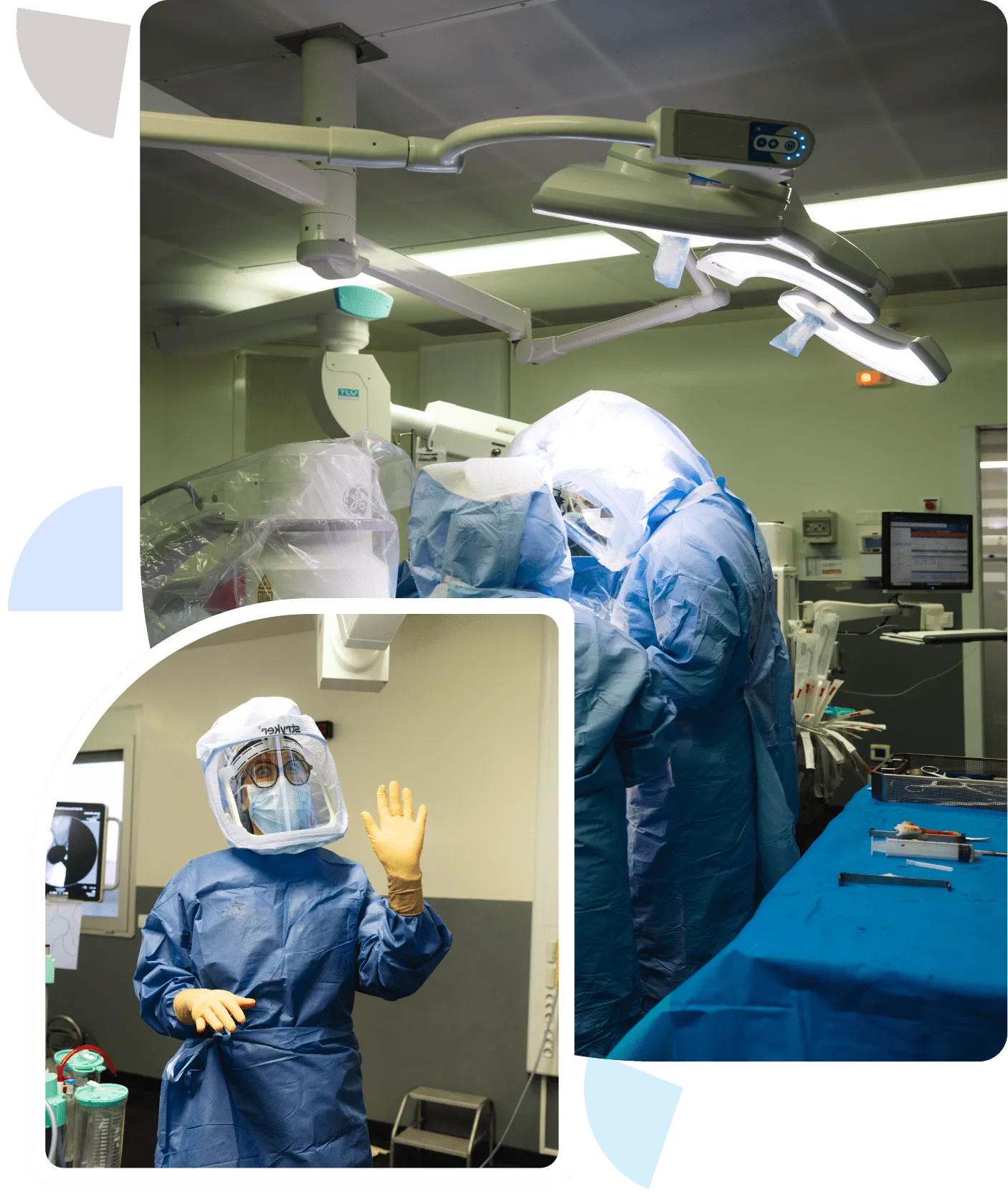 Deux images d'une équipe chirurgicale en salle d'opération : les chirurgiens en tenue stérile et équipements de protection effectuent une opération sous un éclairage chirurgical, et un membre de l'équipe sourit et salue en portant masque, lunettes et combinaison intégrale.