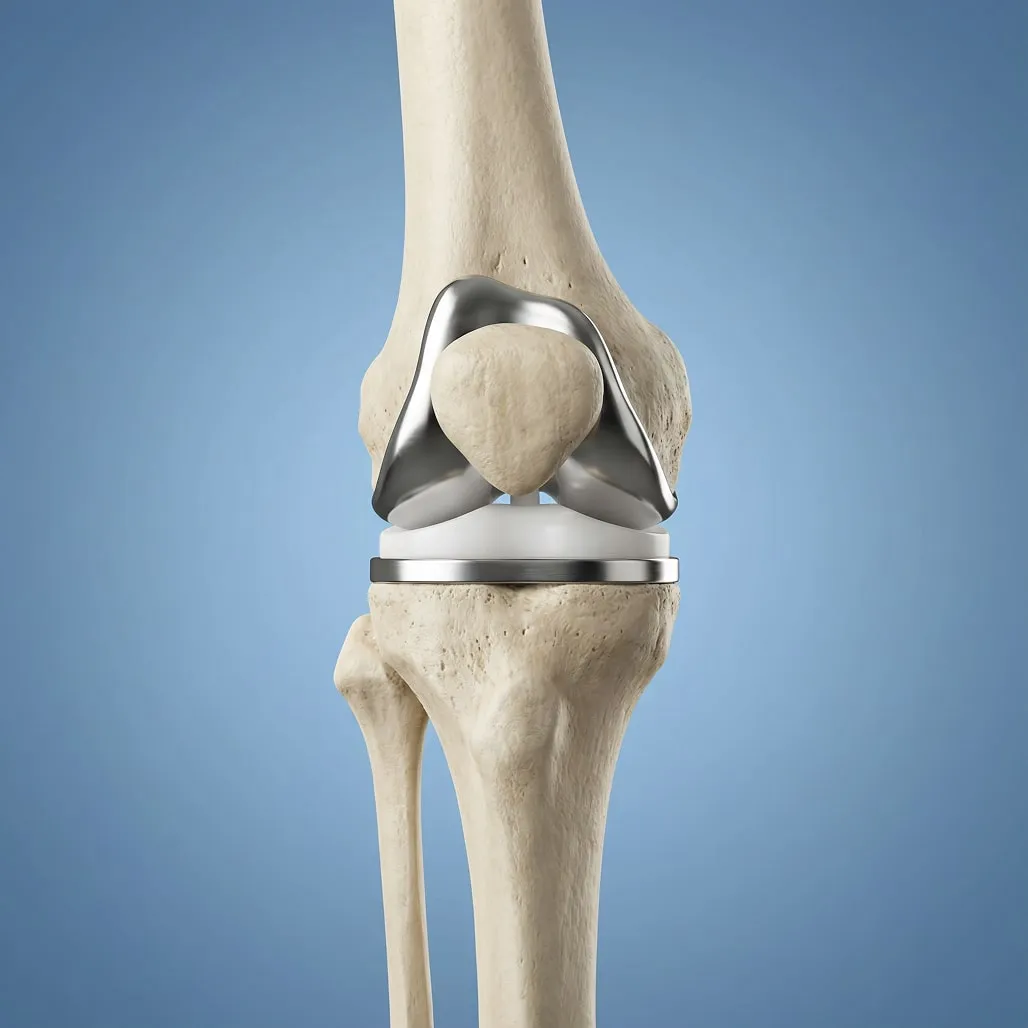 Illustration d'une prothèse de genou métallique et plastique installée entre les os du genou sur fond bleu.