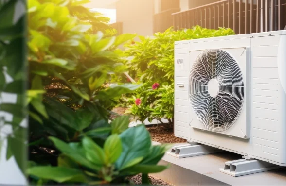 Unité extérieure de climatisation installée sur une plateforme avec des plantes vertes autour à la lumière du soleil.