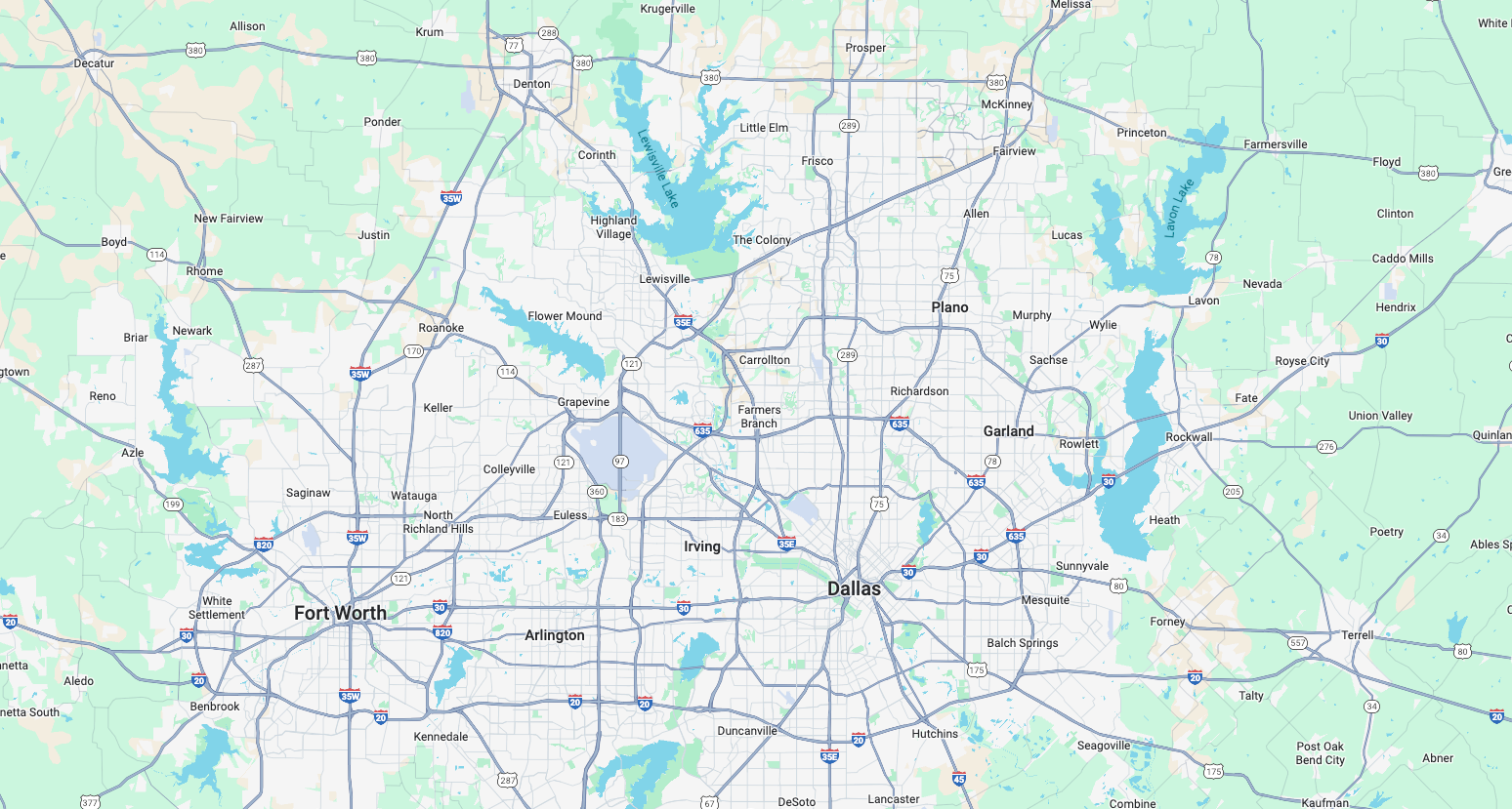 Map showing Dallas-Fort Worth metropolitan area with major cities, highways, and lakes in Texas.