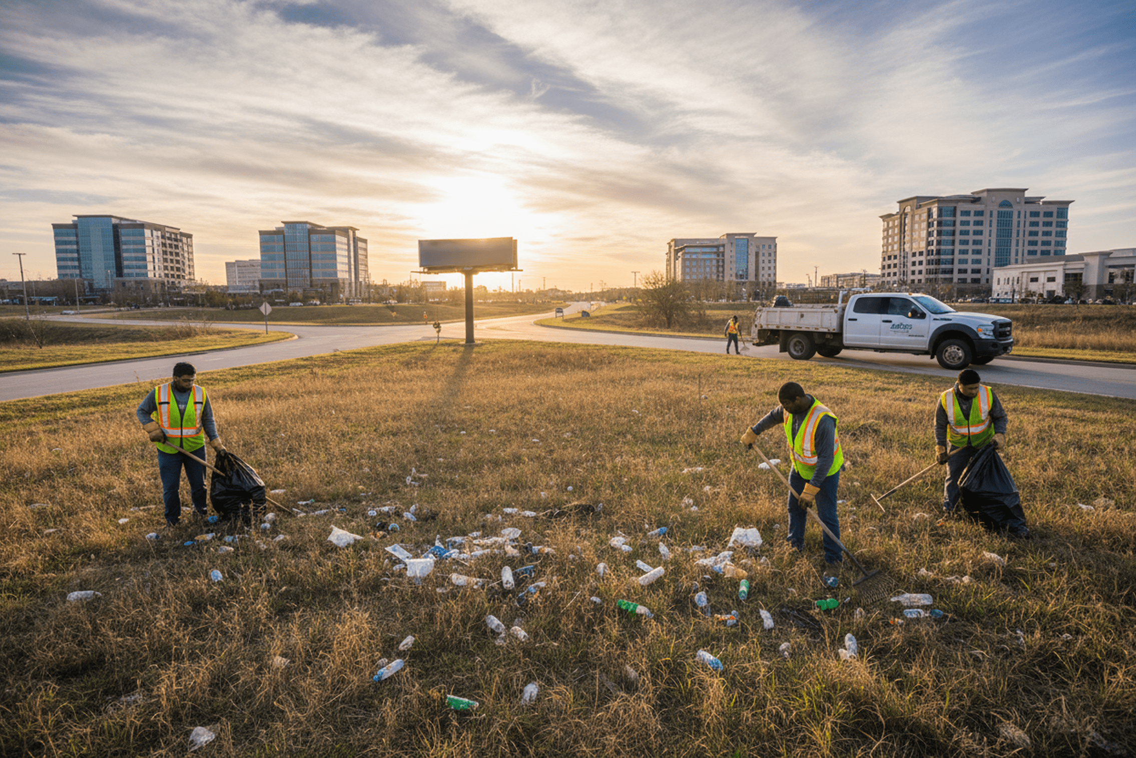 Workers in safety vests picking up litter from a grassy roadside area near modern office buildings at sunset.