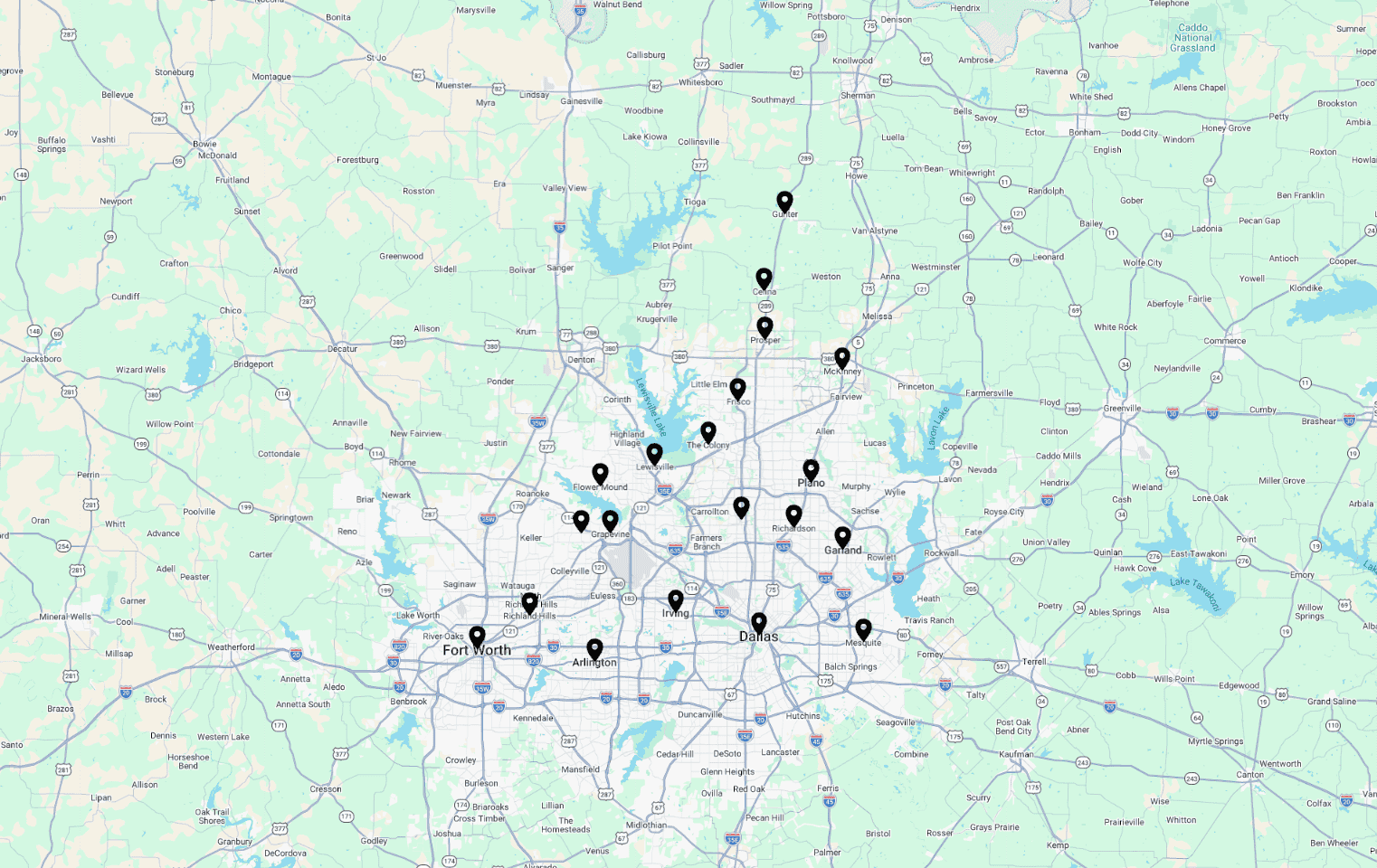 Map showing Dallas-Fort Worth metropolitan area with major cities, highways, and lakes in Texas.