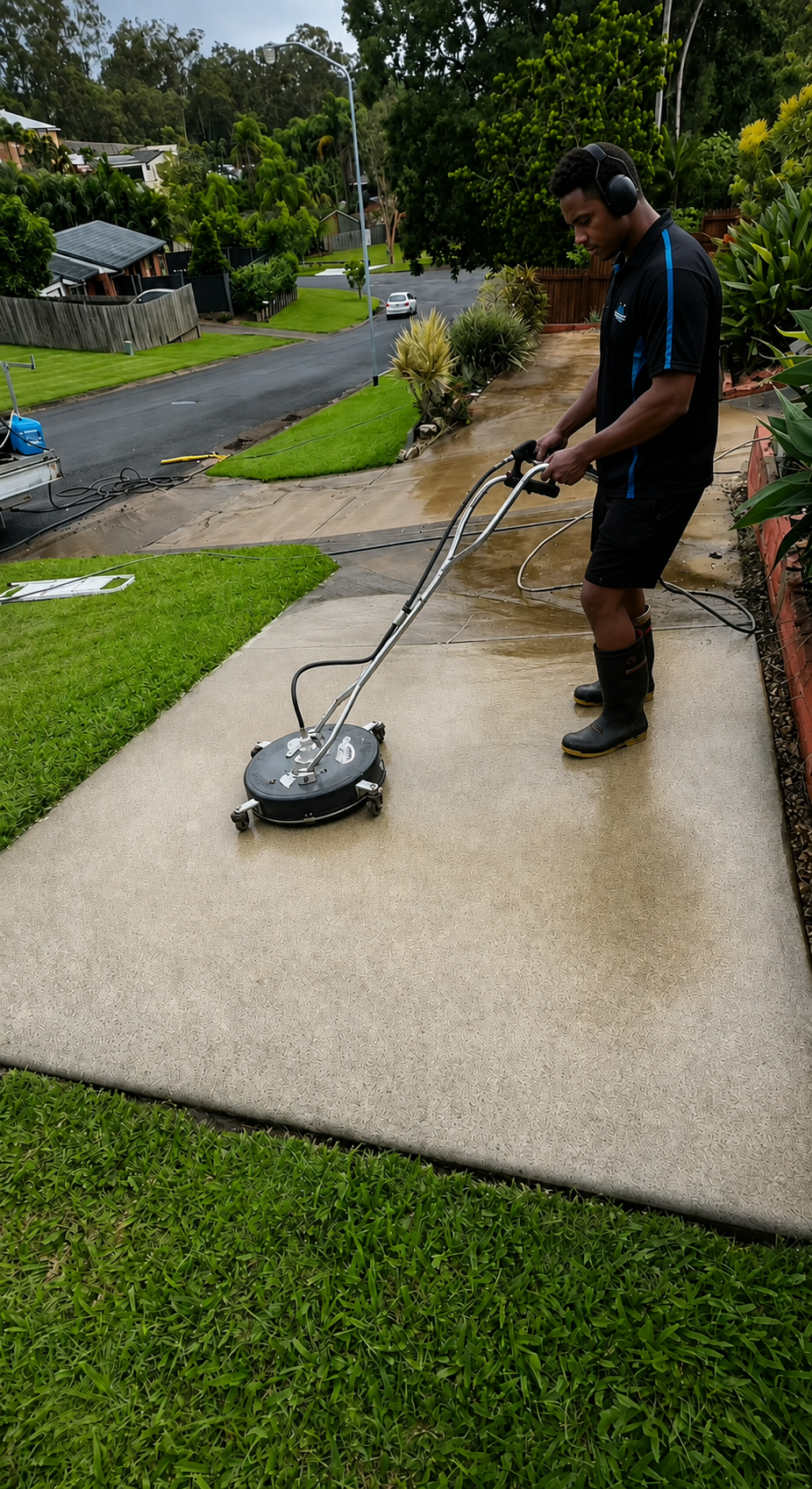 Clean residential driveway after pressure washing