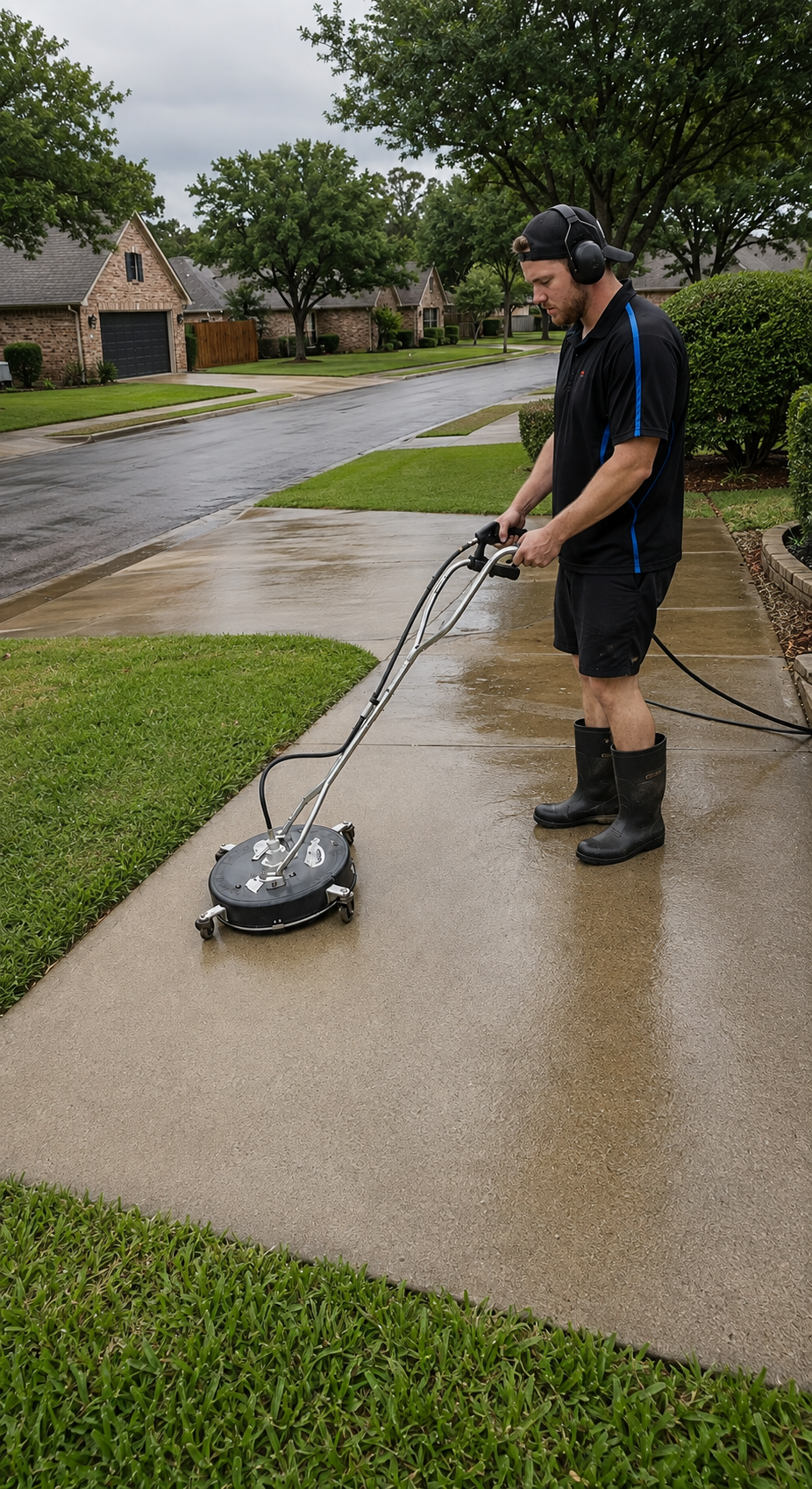 Dialed In Pro Cleaning technician pressure washing a residential driveway