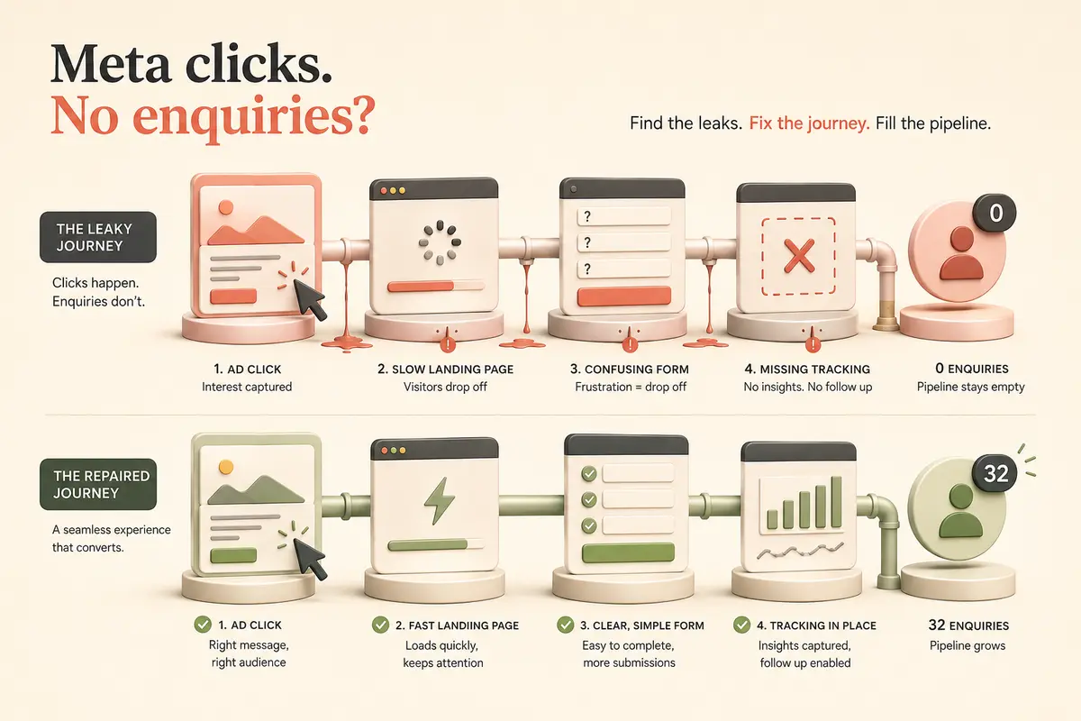 Why Your Meta Ads (Facebook, Instagram etc) Are Getting Clicks but No Enquiries practical visual guide