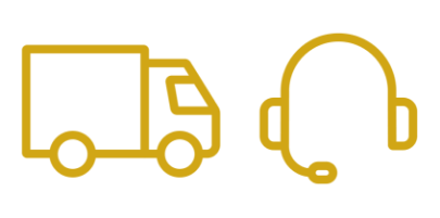 Yellow line icons of a delivery truck and a headset with microphone.