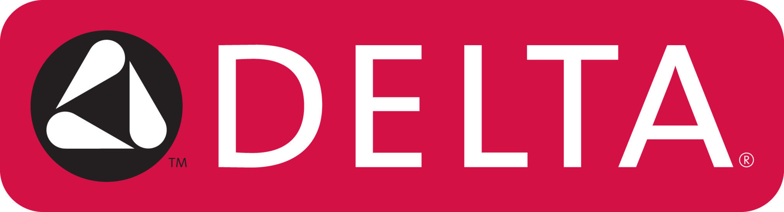 Delta logo with white triangular shapes inside a black circle next to the word DELTA in white on a red background.