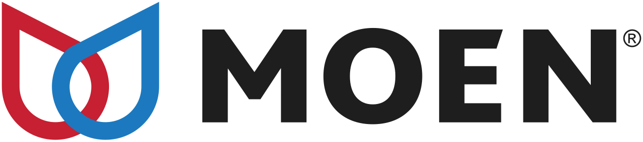 MOEN brand logo with stylized red and blue water drop shapes intertwined to the left of the word MOEN in black uppercase letters.