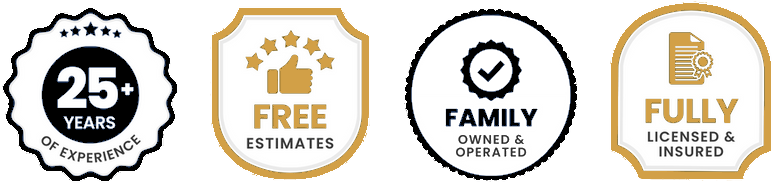 Four badges stating: 25+ years of experience, free estimates with a thumbs-up icon, family owned and operated with a checkmark, fully licensed and insured with a document and seal icon.