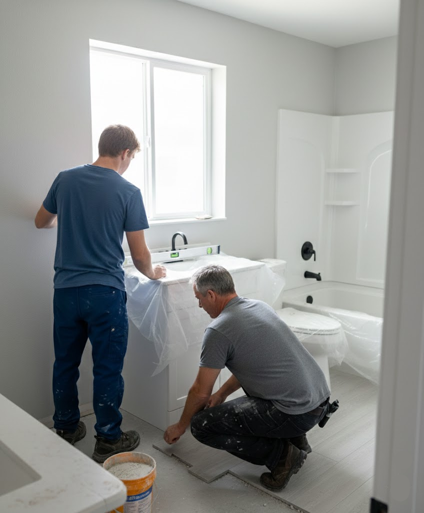Two men installing floor tiles in a bathroom under construction, with one man kneeling and placing tiles and the other standing near a sink.