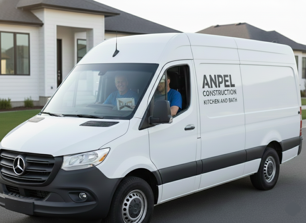 Modern kitchen with white upper cabinets, dark lower cabinets, stainless steel appliances, and a large white countertop island with two cushioned stools.