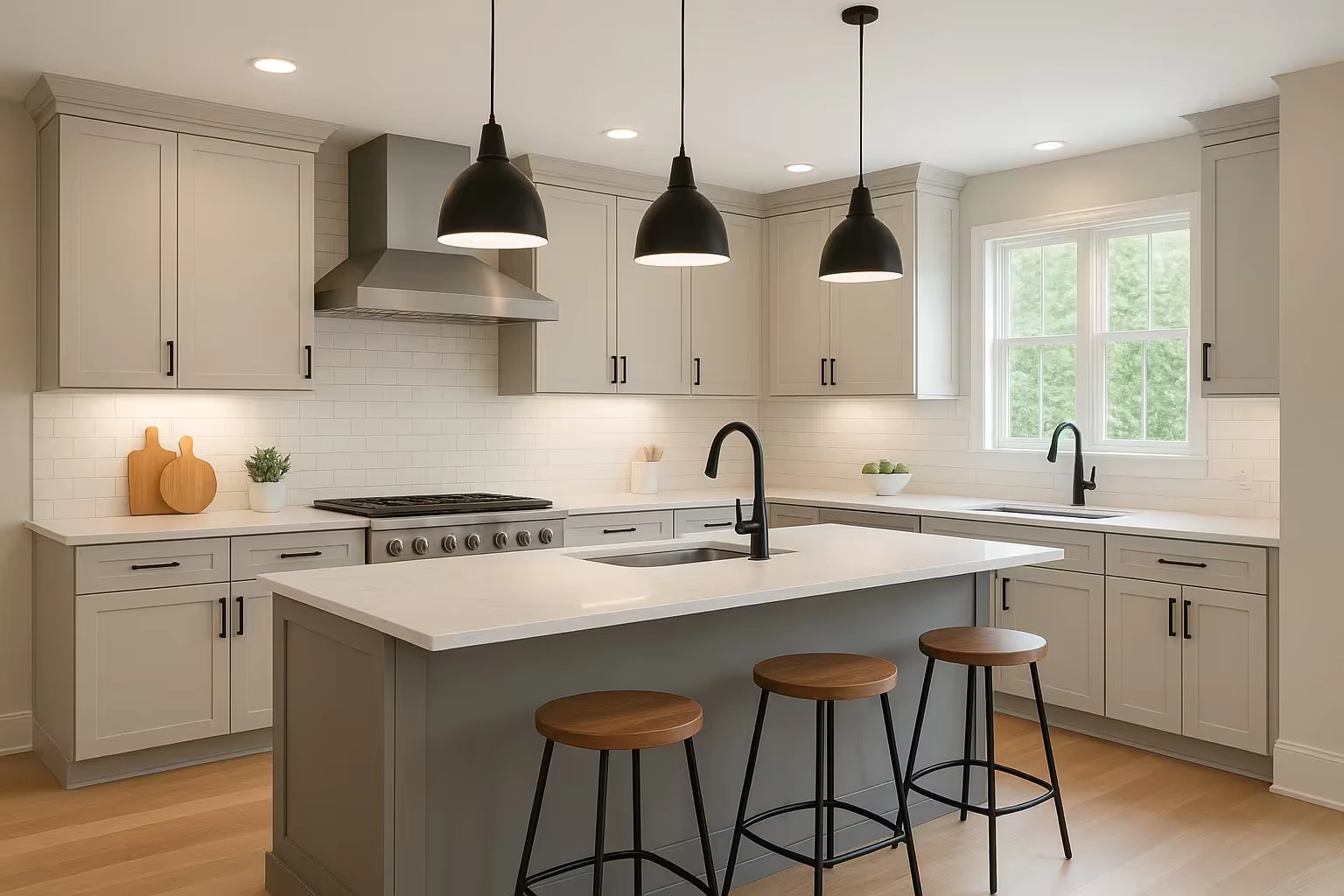 Modern kitchen with gray cabinets, white countertops, a large island with a sink and three wooden bar stools, stainless steel stove and range hood, and three black pendant lights.