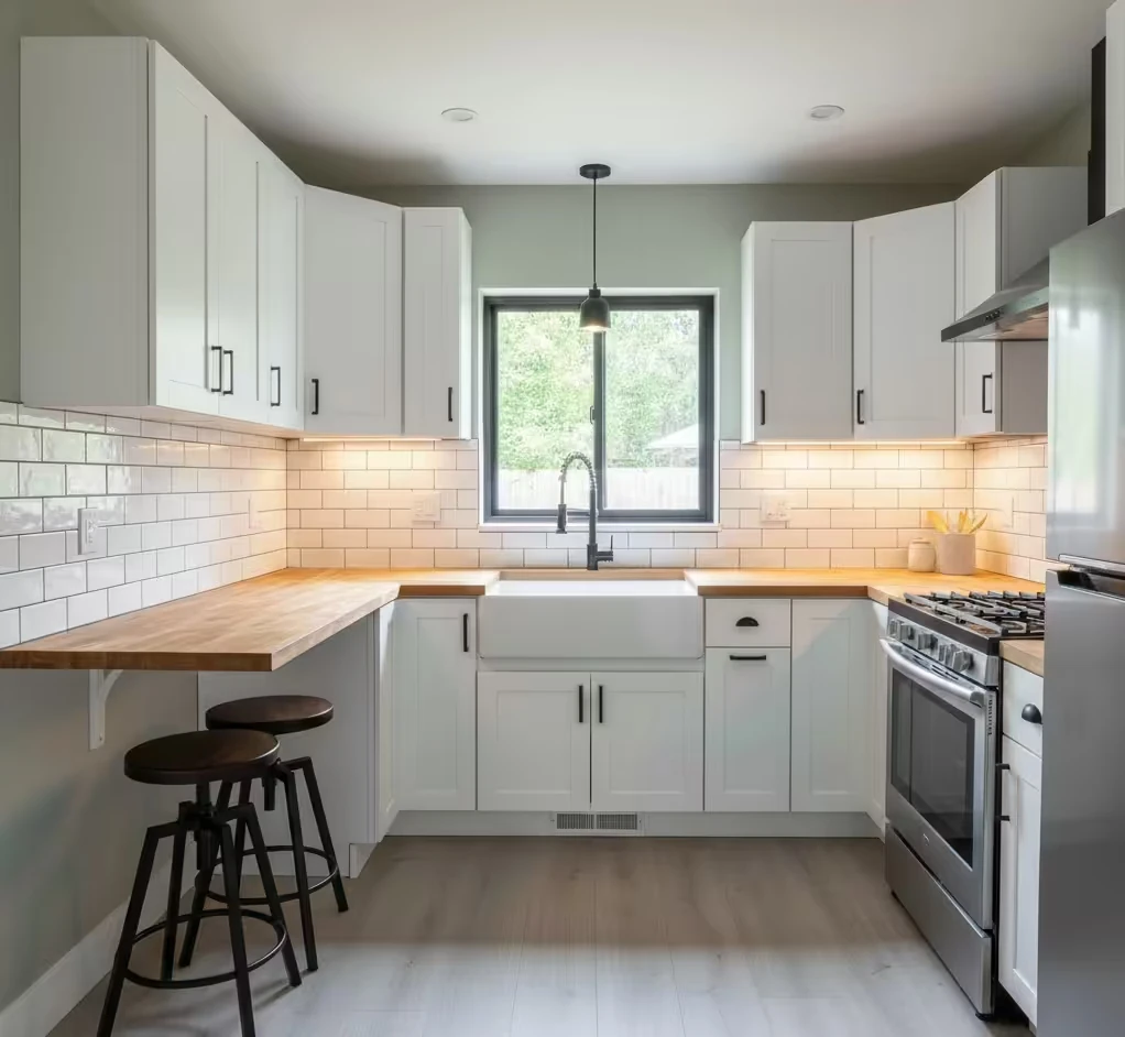 Modern kitchen with white cabinetry, wooden countertops, subway tile backsplash, two black stools, and a window above the farmhouse sink.