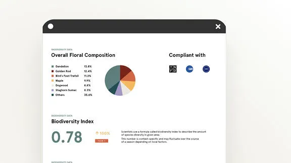 Thumbnail screenshot of an Alveole biodiversity report showing a floral composition pie chart and biodiversity index of 0.78, compliant with TNFD, GRI, and CSRD