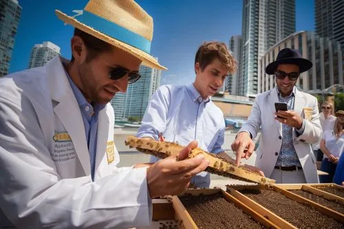 Three professionals examining honeycomb frames on a sunny rooftop with glass towers and blue sky behind, Alvéole solutions call to action