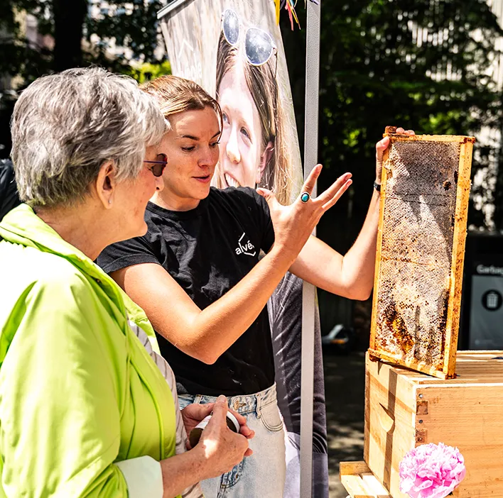 Alvéole beekeeper showing a golden honeycomb frame to a visitor at an outdoor beekeeping education booth