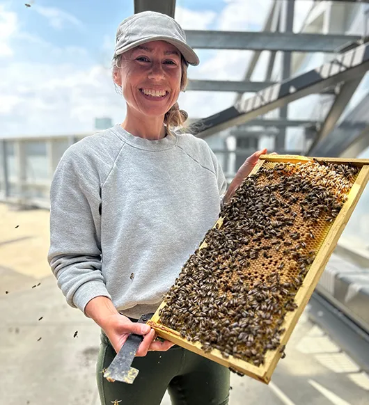 Smiling woman in a cap holding a large honeycomb frame full of bees on a rooftop with a city skyline in the background, BGO property