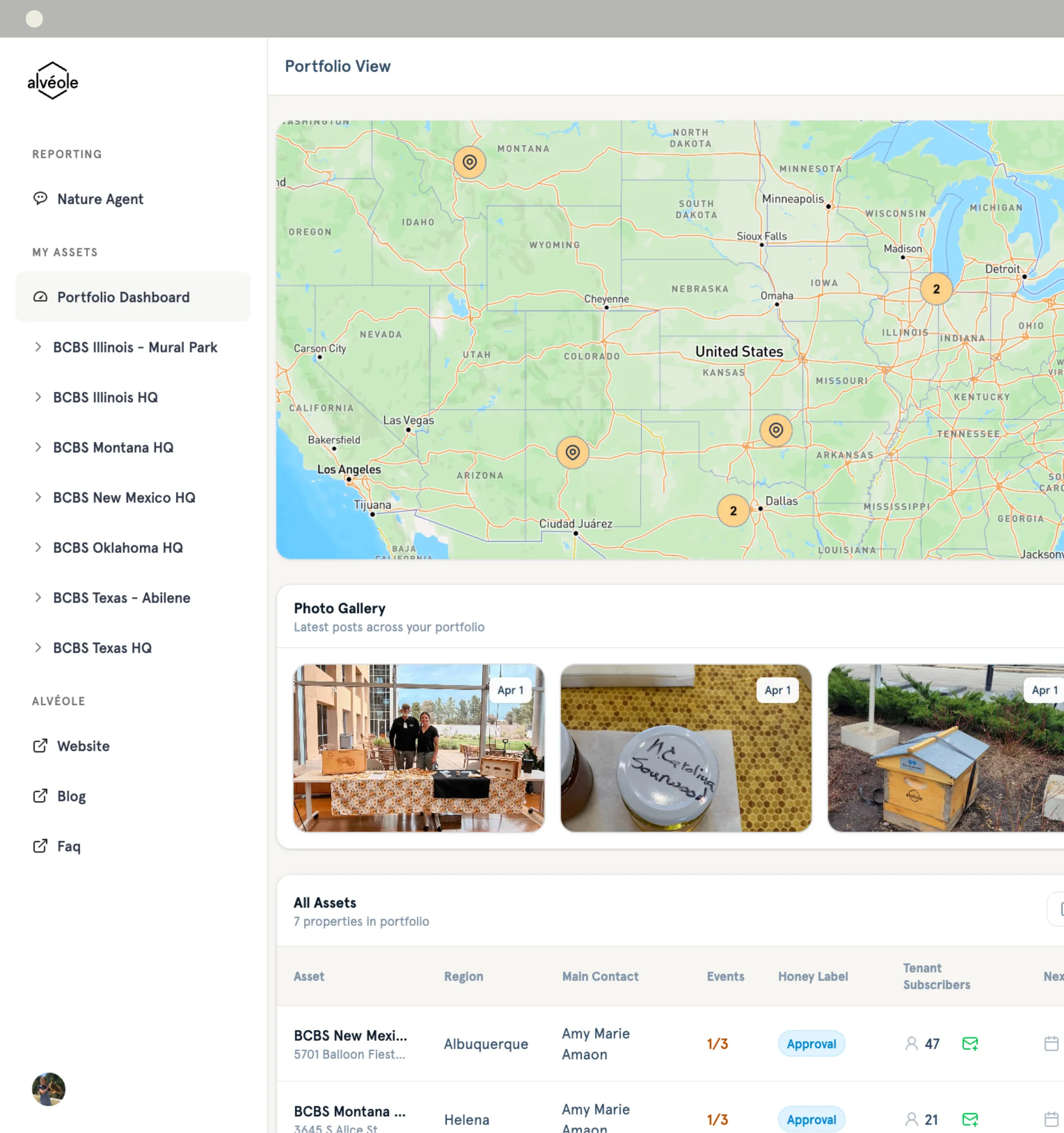 Screenshot of the Alveole Nature Agent assets list in English with expanded columns, showing events, honey label, tenant subscribers, next visit, and reports