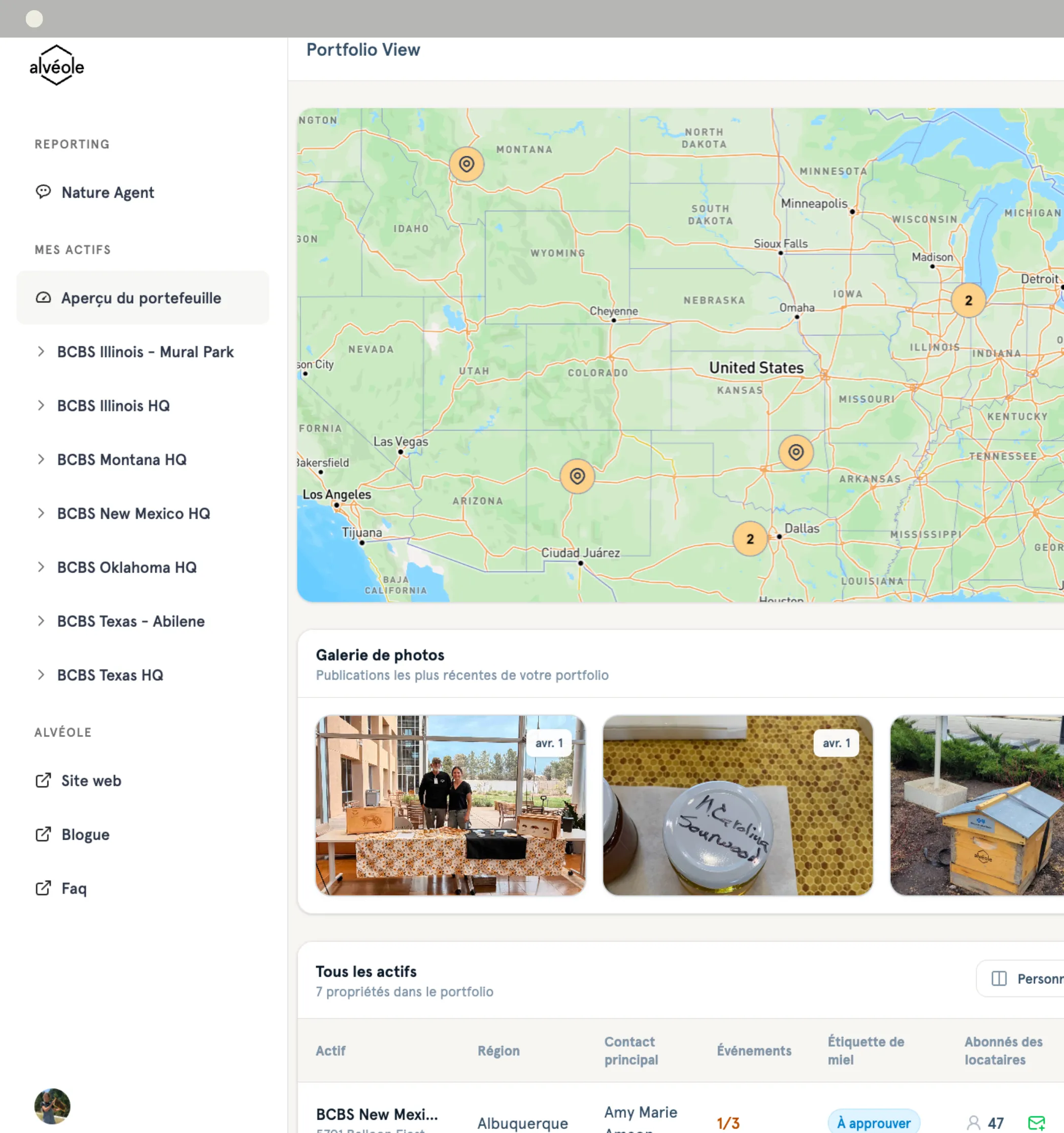 Screenshot of the Alveole Nature Agent portfolio view in French, showing a US map with pinned BCBS properties and a photo gallery