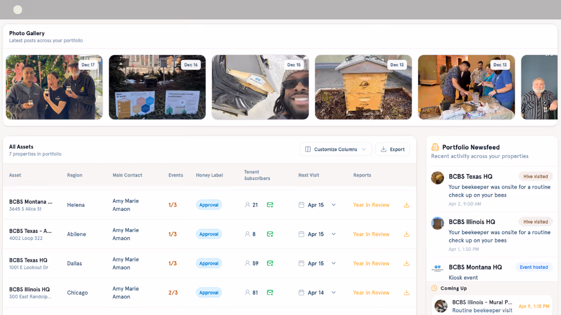 Horizontal screenshot of the Alveole Nature Agent portfolio dashboard in English, showing a US map with pinned properties and asset list