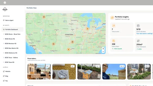 Horizontal screenshot of the Alveole Nature Agent portfolio dashboard in English, showing the assets list and photo gallery