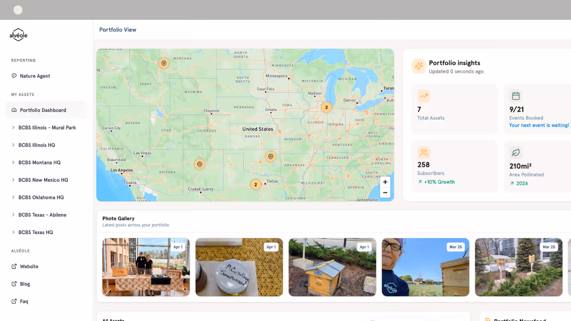 Horizontal screenshot of the Alveole Nature Agent portfolio dashboard in English, showing the assets list and photo gallery