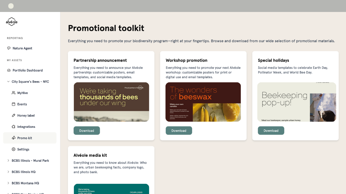 Screenshot of the Alveole Nature Agent promotional toolkit page in English, showing downloadable workshop and marketing materials