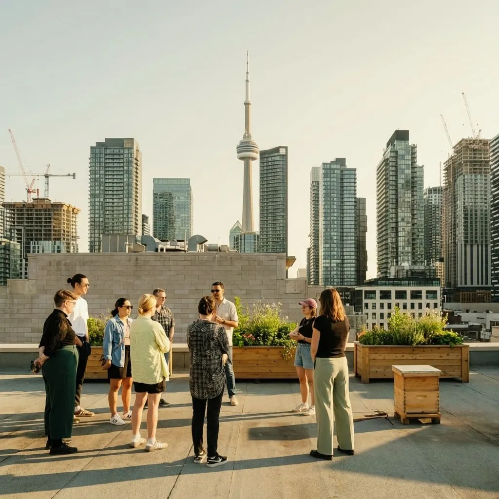 A group of people gathered on a rooftop for an Alveole beekeeping event with the Toronto skyline and CN Tower in the background