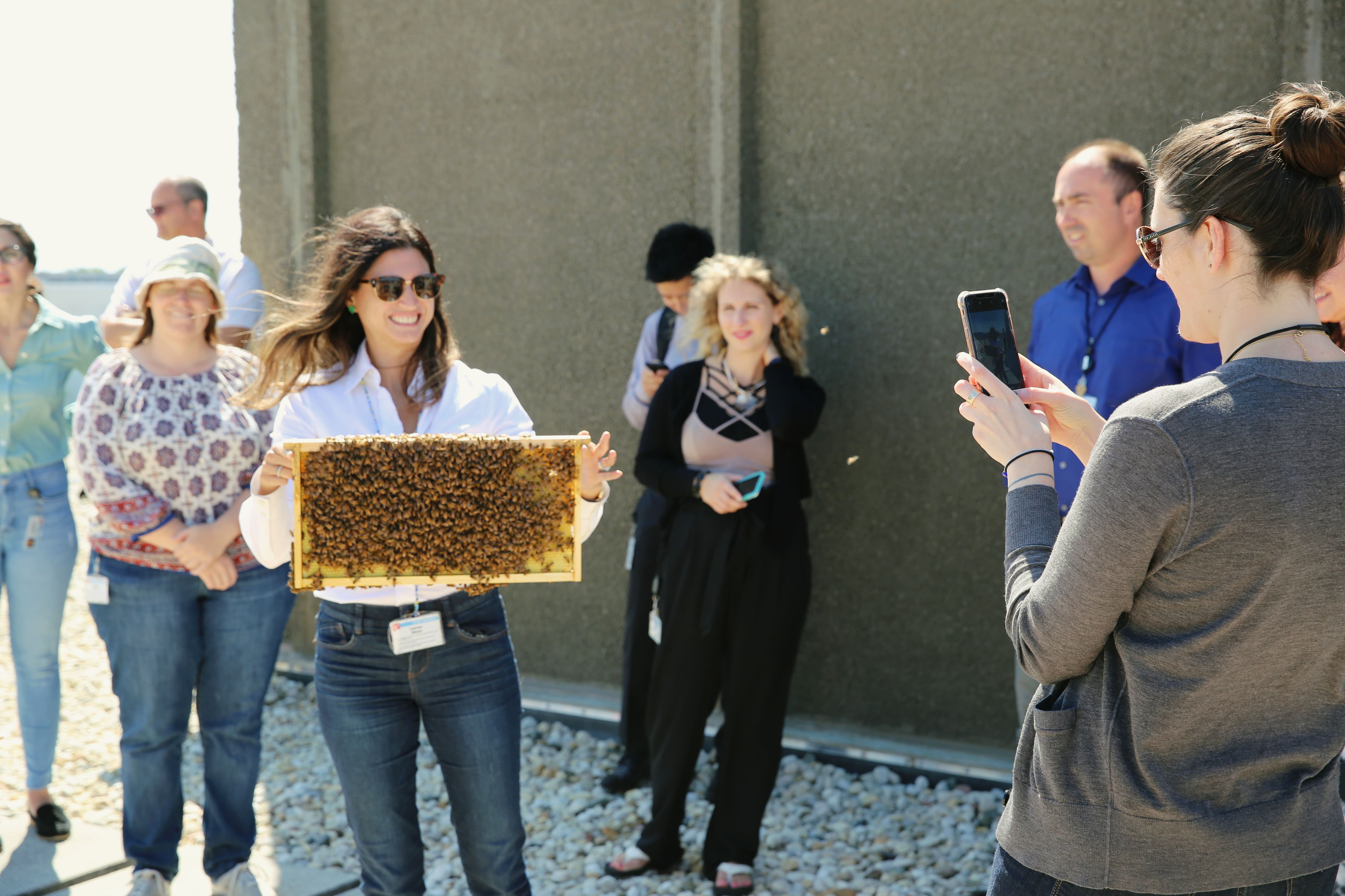 A woman holding a honeycomb frame at a rooftop beekeeping event while another participant photographs her