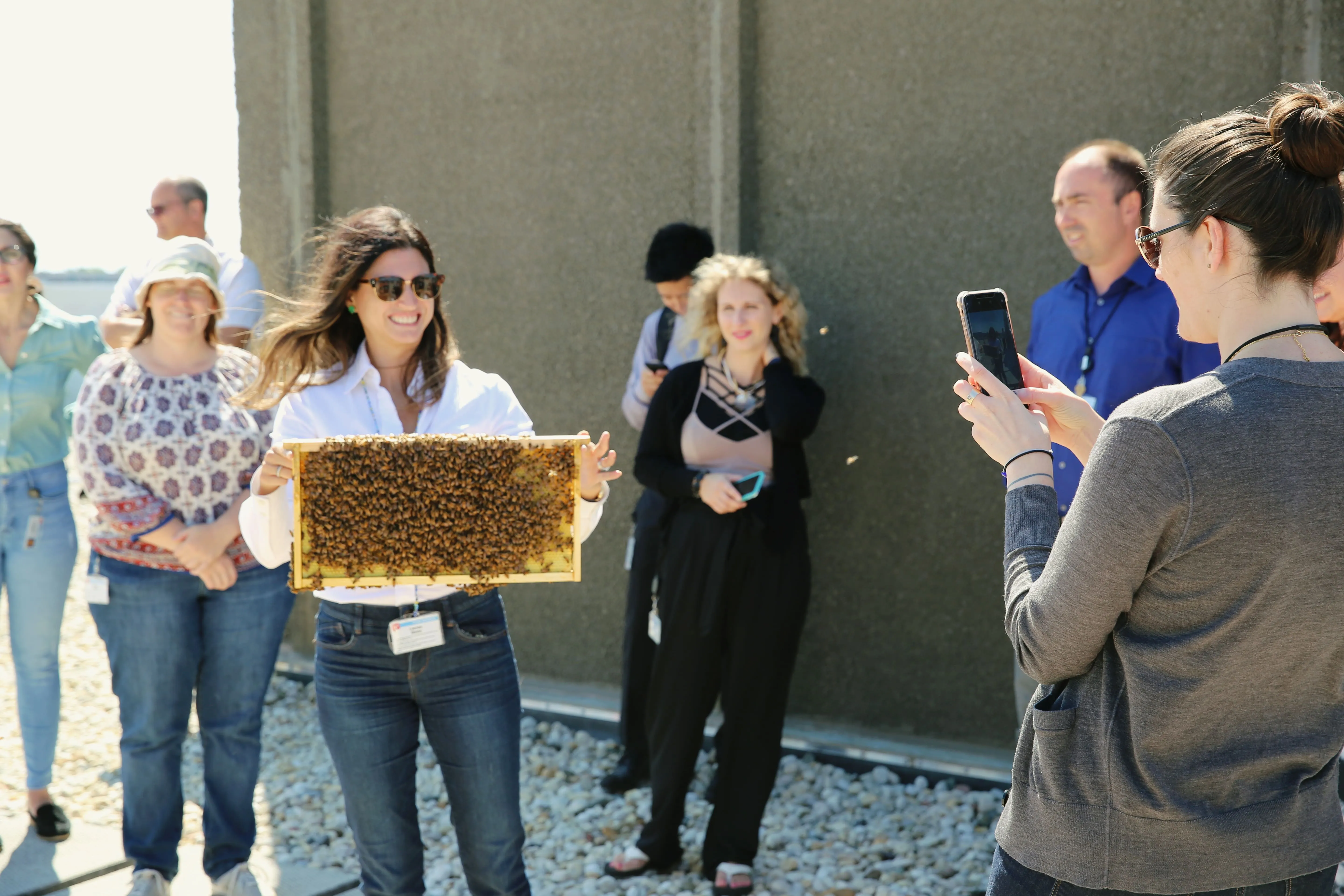 A woman holding a honeycomb frame at a rooftop beekeeping event while another participant photographs her